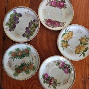 Set of 5 decorative iridescent/pearlescent fruit plates with gold-toned details